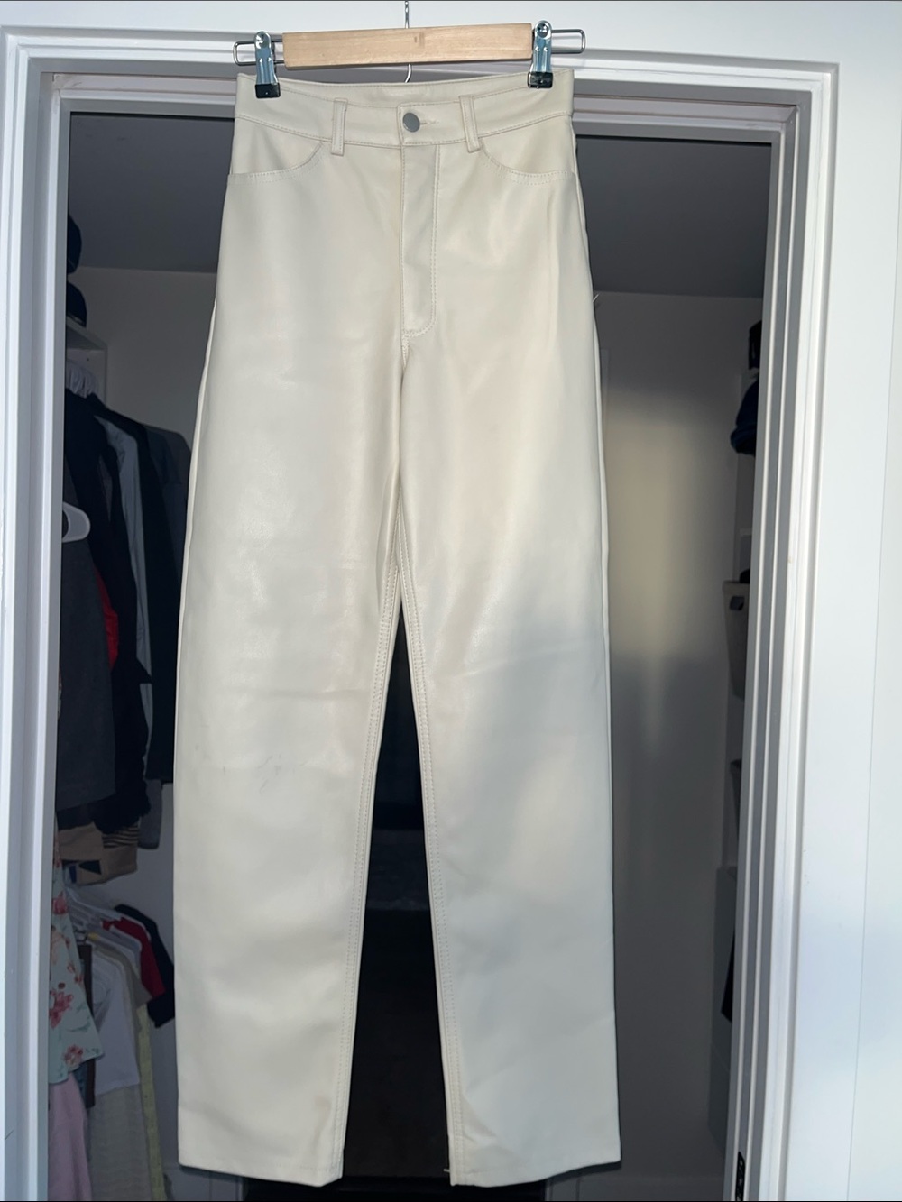 Cream faux leather  Straight-Leg Pants